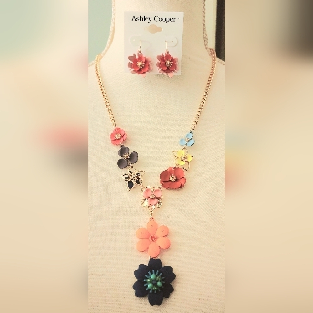 Ashley Cooper Multicolor Floral Drop Necklace and Earrings